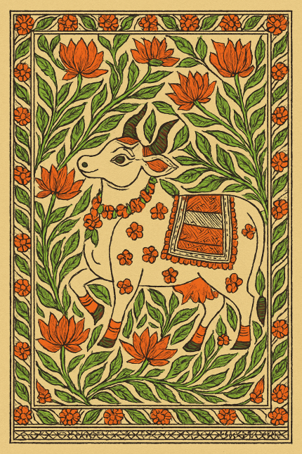 Madhubani Traditional Rajasthani Pichwai Cow Painting – Frameless Acrylic Print, Vibrant Handcrafted Folk Art Wall Décor for Living Room, Bedroom, Office