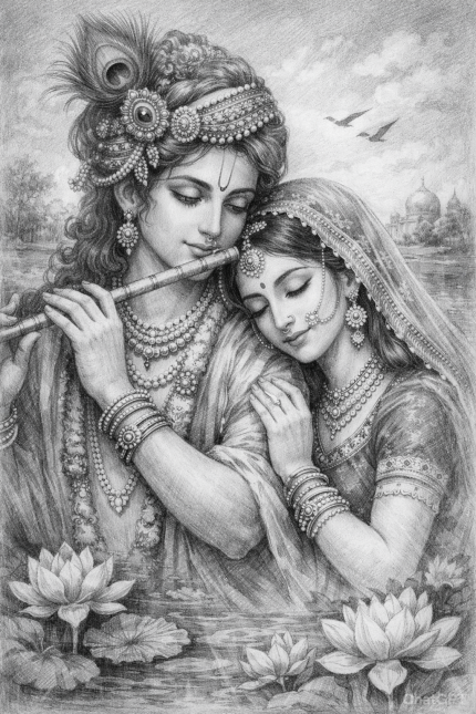 Elegant Radha Krishna Pencil Art | Frame-Less Acrylic Wall Art | 8x12 Inch High-Resolution Print | Spiritual & Devotional Home, Office, & Puja Room Décor