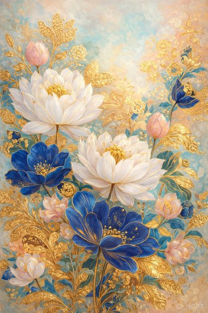 Elegant Blue & White Lotus Floral Wall Art with Gold Accents | Luxury Botanical Canvas Print | Modern Study Room & Home Office Décor | Ready to Hang Wall Painting