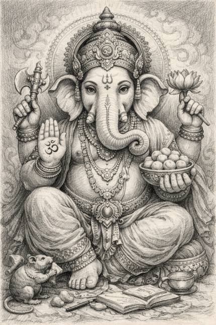 Lord Ganesha Pencil Sketch Wall Art 8x12 Inch – Detailed Black & White Spiritual Artwork – Unframed Hindu God Canvas Print for Living Room, Office & Pooja Room Decor