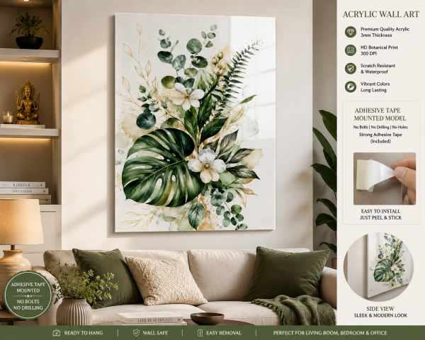 Premium Botanical Acrylic Wall Art | Modern Green Leaf Decor | 3MM Acrylic | No Drilling | Adhesive Tape Mounted | Ready to Hang