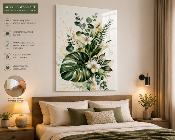 Premium Botanical Acrylic Wall Art | Modern Green Leaf Decor | 3MM Acrylic | No Drilling | Adhesive Tape Mounted | Ready to Hang