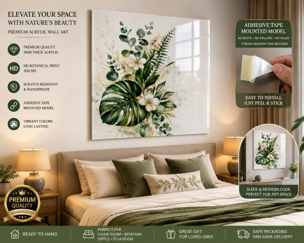 Premium Botanical Acrylic Wall Art | Modern Green Leaf Decor | 3MM Acrylic | No Drilling | Adhesive Tape Mounted | Ready to Hang
