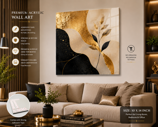 Premium Luxury Abstract Acrylic Wall Art | 10×14 Inch | Modern Gold & Black Design | Adhesive Tape Wall Mount | Living Room & Bedroom Décor