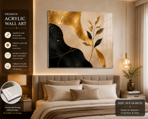 Premium Luxury Abstract Acrylic Wall Art | 10×14 Inch | Modern Gold & Black Design | Adhesive Tape Wall Mount | Living Room & Bedroom Décor