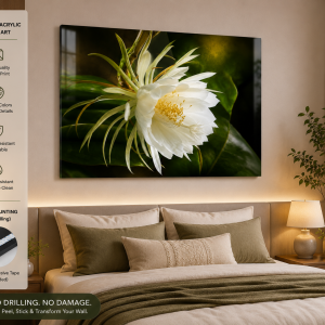 Premium White Night Blooming Flower Acrylic Wall Art | Frameless Gloss Finish