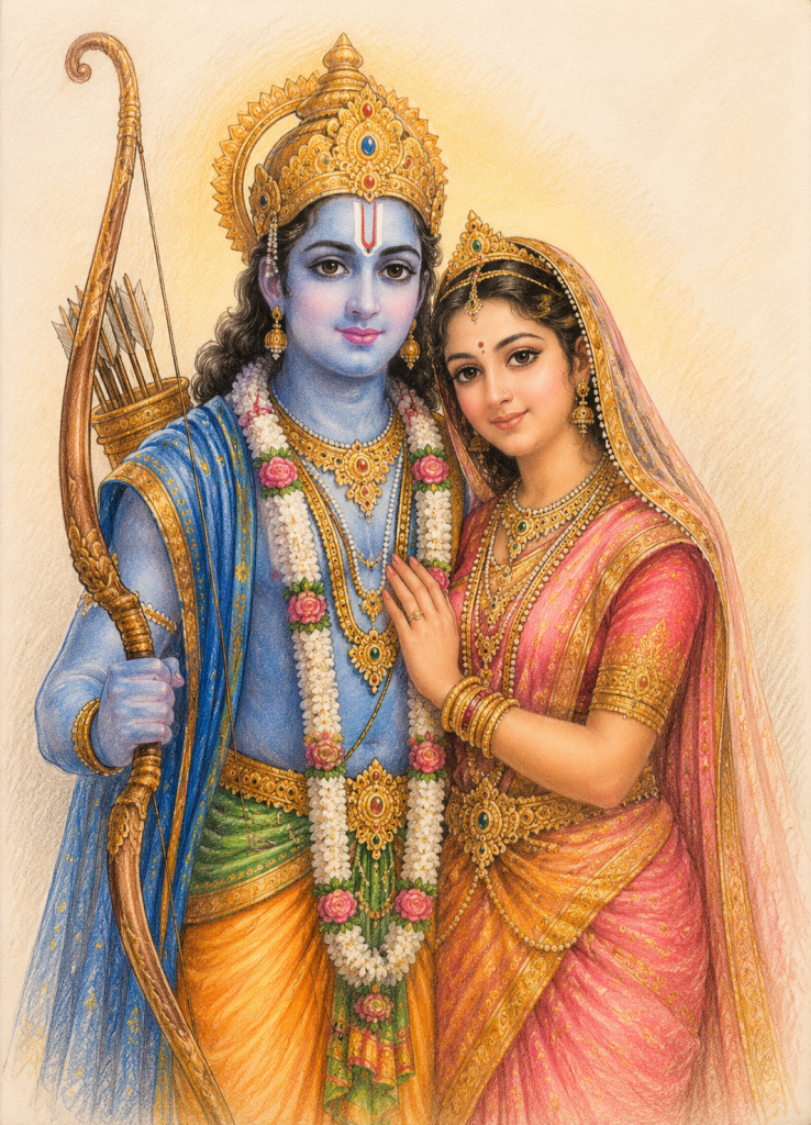 Title:

Premium Siya Ram Color Pencil Acrylic Wall Art | Lord Rama & Sita Devotional Wall Decor |  3MM Acrylic | No Drill Adhesive Mount