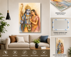 Title:

Premium Siya Ram Color Pencil Acrylic Wall Art | Lord Rama & Sita Devotional Wall Decor |  3MM Acrylic | No Drill Adhesive Mount