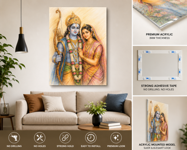 Title:

Premium Siya Ram Color Pencil Acrylic Wall Art | Lord Rama & Sita Devotional Wall Decor |  3MM Acrylic | No Drill Adhesive Mount