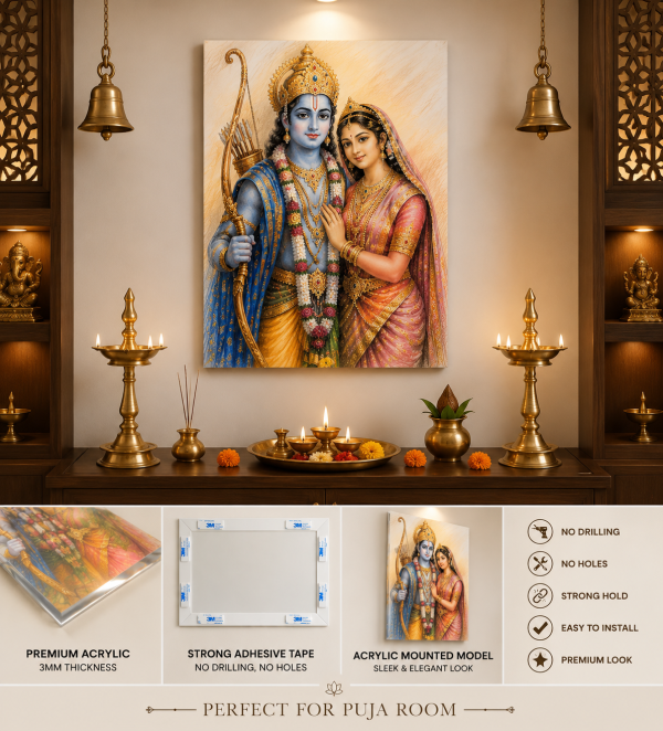 Title:

Premium Siya Ram Color Pencil Acrylic Wall Art | Lord Rama & Sita Devotional Wall Decor |  3MM Acrylic | No Drill Adhesive Mount